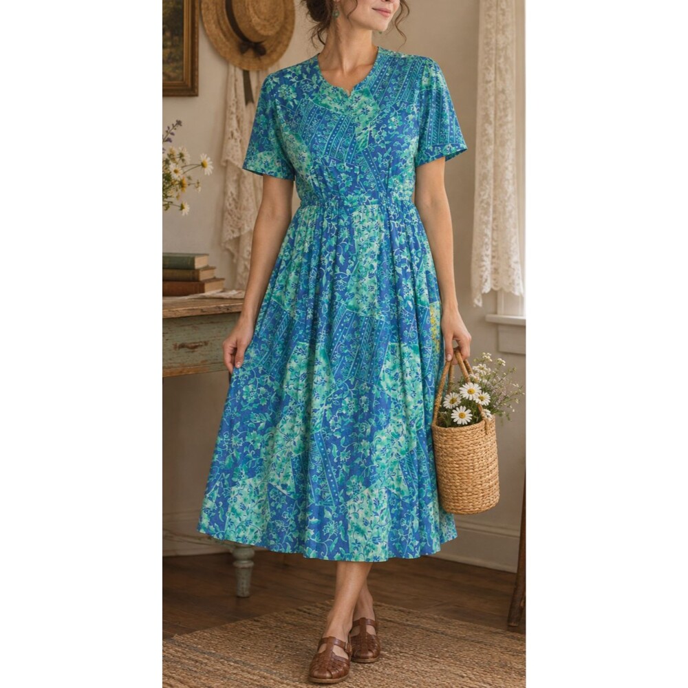 Vintage Leslie Fay Dress Womens 10 Blue Floral Fit & Flare Short Sleeve Midi